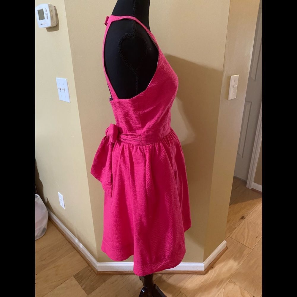 Lauren James raspberry coloured halter flared dress. Sash with bow tie. - Picture 5 of 14